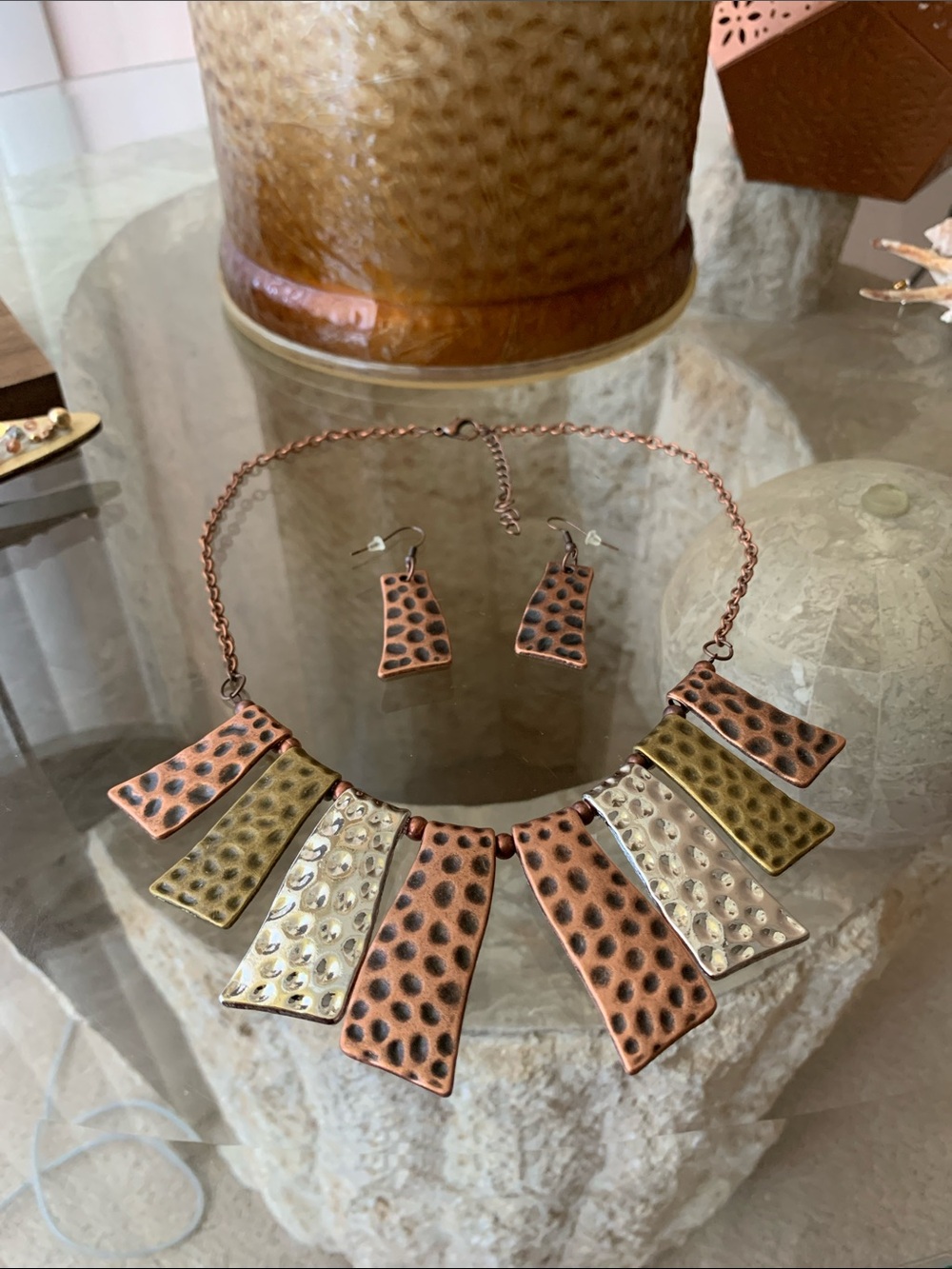 Hammered Copper & Mixed Metal Statement Necklace and Earring Set